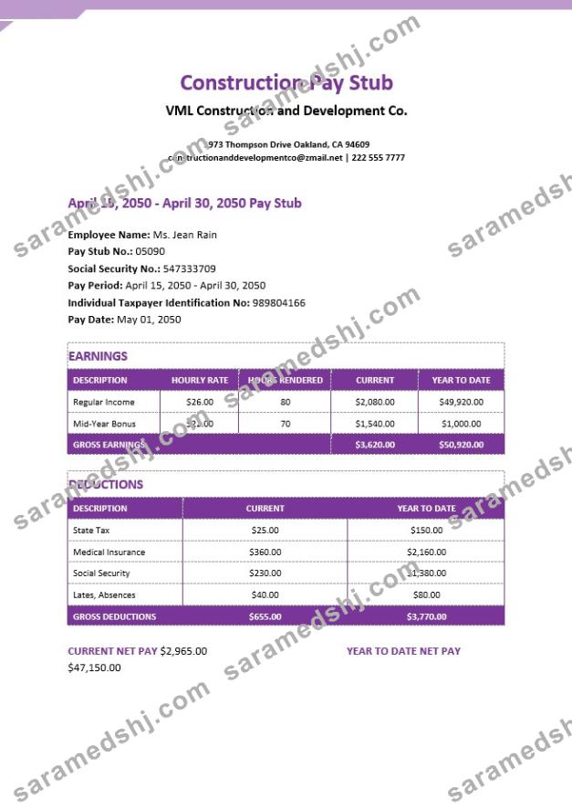construction pay stub Word and PDF template